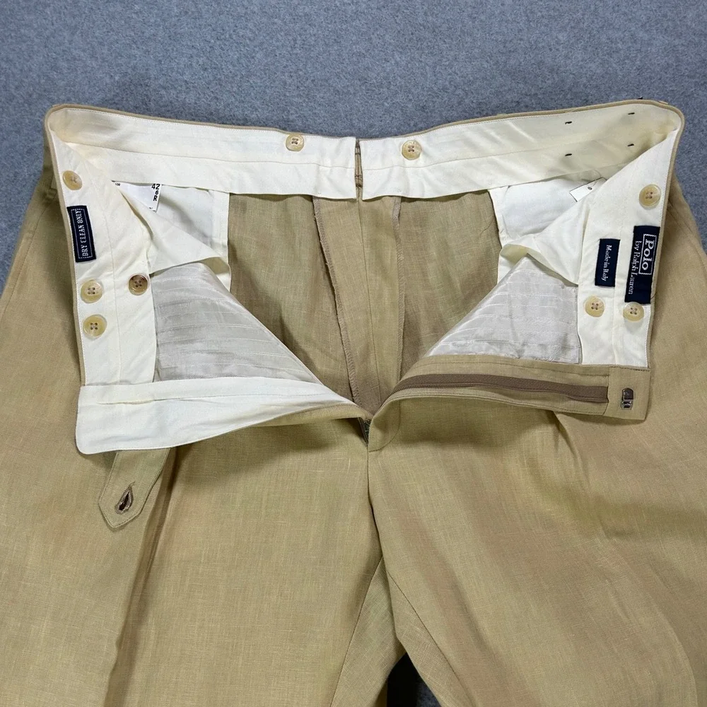 Polo Ralph Lauren Trousers Dalton Mens 42 Tan Flax Linen Old Money Made in Italy